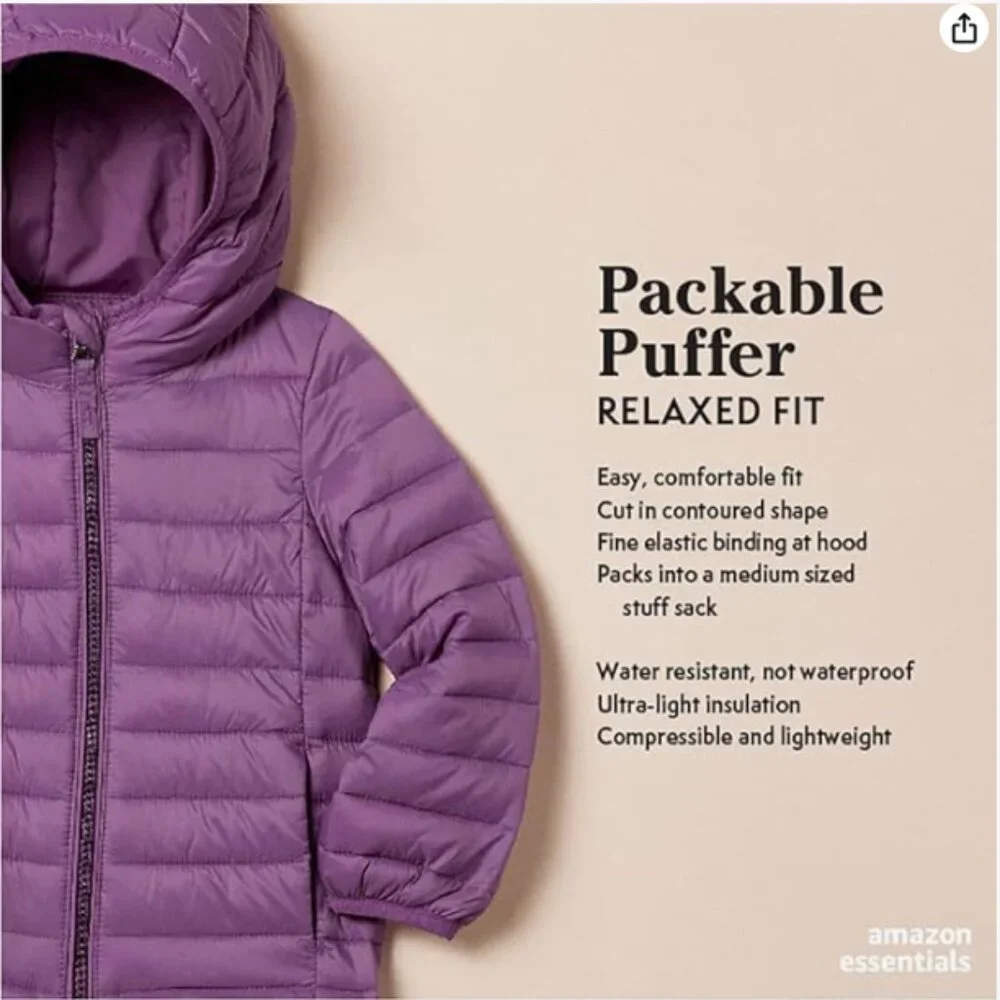 Girls Lightweight Water-Resistant Packable Hooded Puffer Jacket - XXL